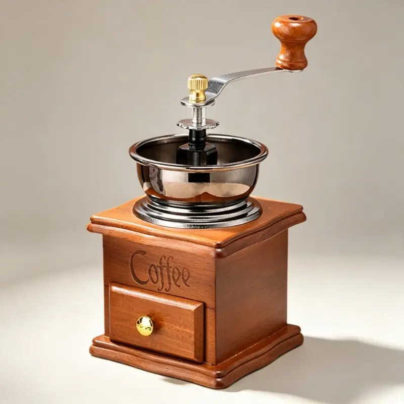 Vintage Wooden Manual Coffee Grinder, Portable Hand Crank Coffee Bean Mill with Collection Drawer, Adjustable Grinding for Camping, Travel, Home & Office Coffee Brewing