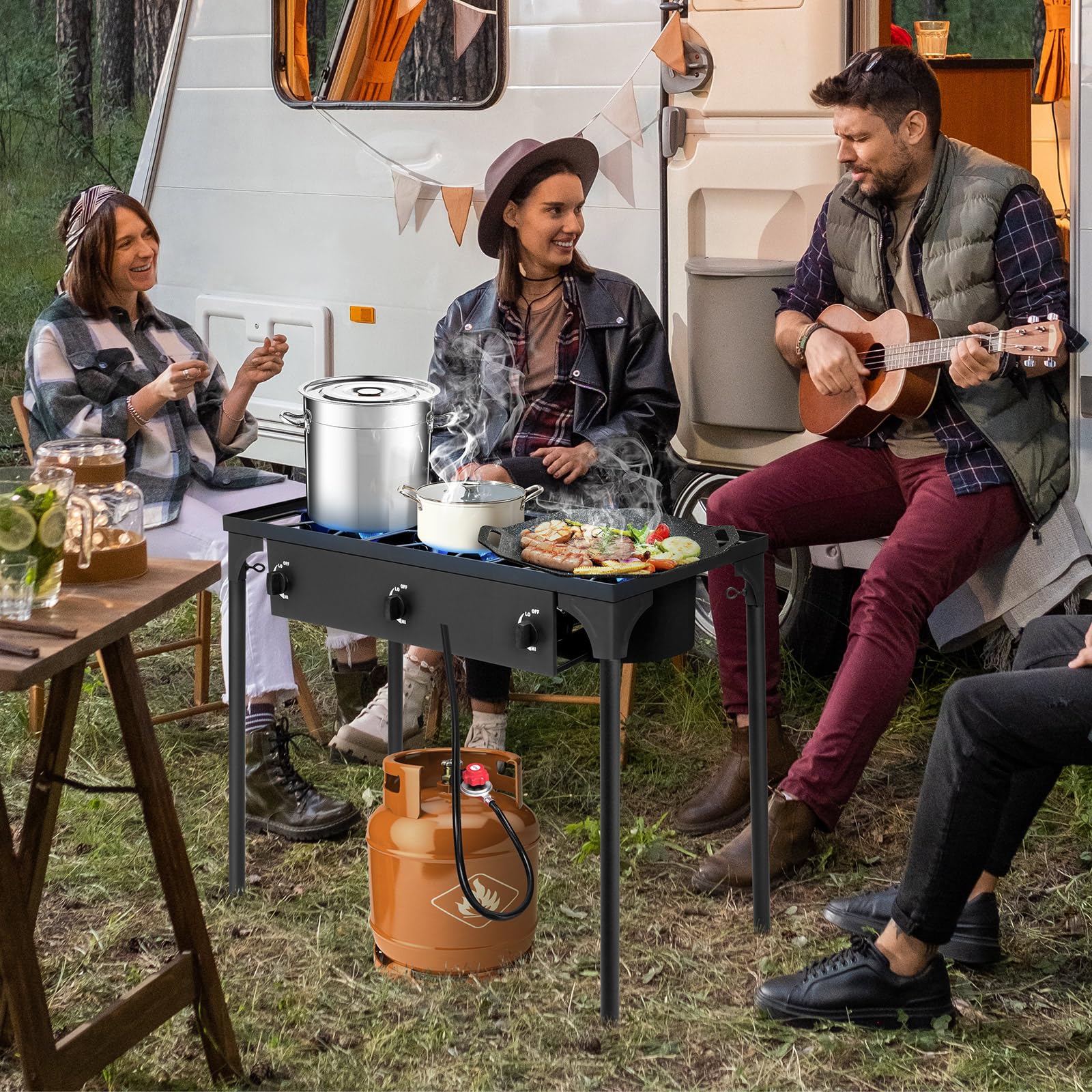 GEEKHOM 3-Burner Stove & Outdoor Grill Combo - 225K BTU Portable Camping Cooker with Removable Legs | Picnic Cooker Perfect for Home Brewing Maple Syrup Patio Turkey Frying Canning