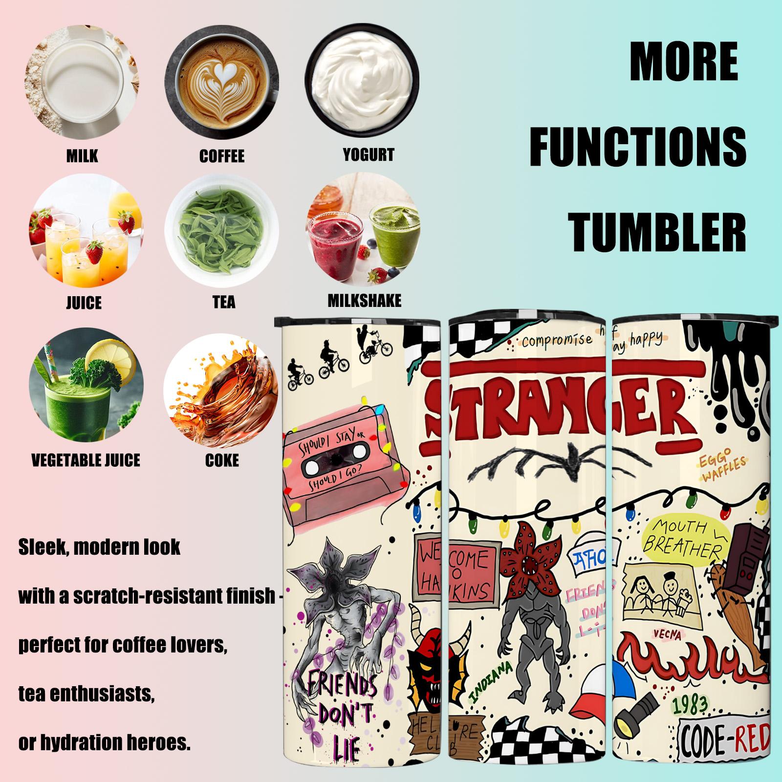 1 Pc 20oz Skinny Vacuum Cup, Tumbler, Funny Dad Tumbler, Insulated Travel Drinkware, Retro 80s sci fi doodle collage, monster art, double wall steel, leak proof lid, keeps hot 12 hours, cold 24 hours, movie fan gift, gift for friends