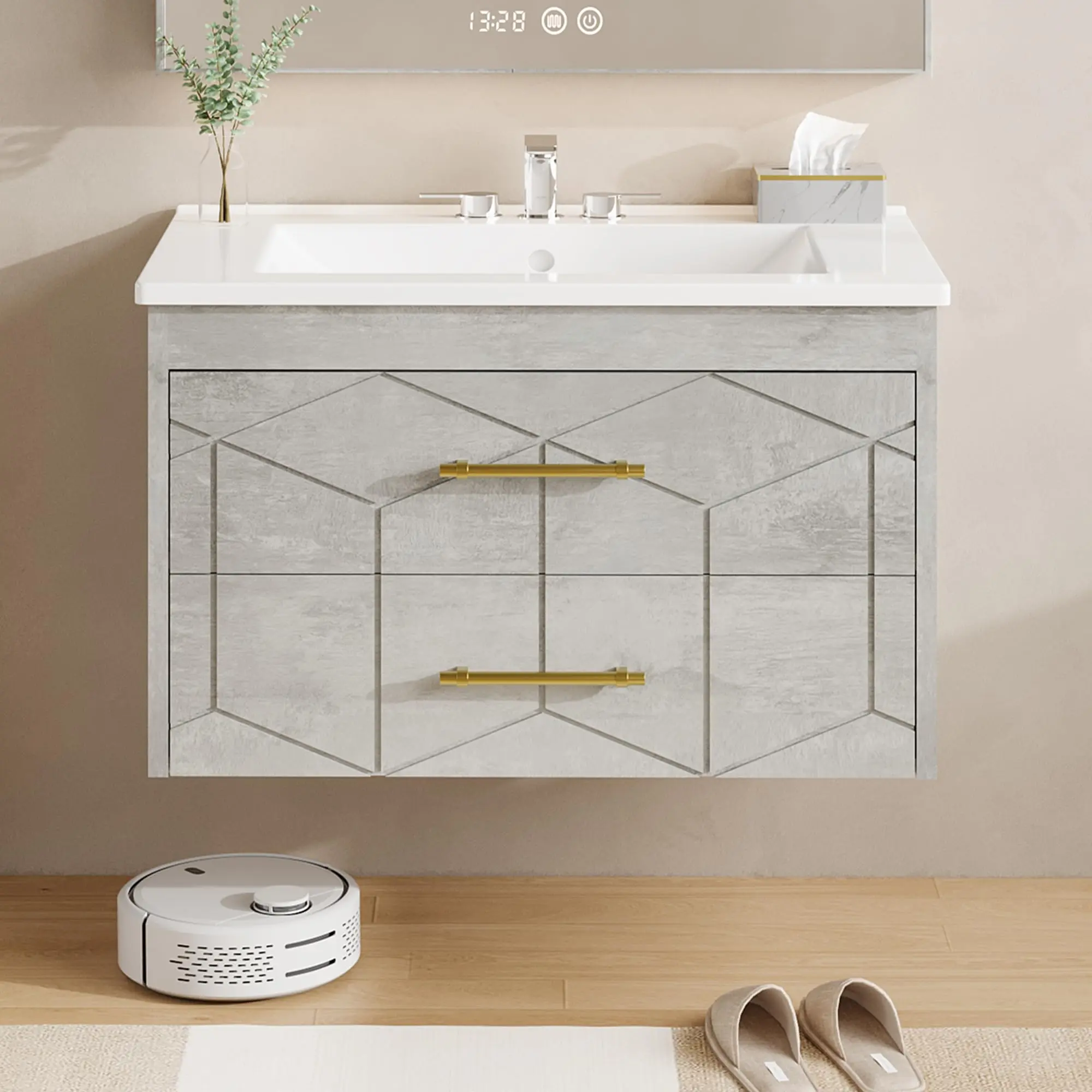 GARVEE 24" Floating Bathroom Vanity with Ceramic Sink, Modern Wall-Mounted Grey Cabinet Featuring 2 Large Storage Drawers and Elegant Gold Metal Handles for Stylish Organization