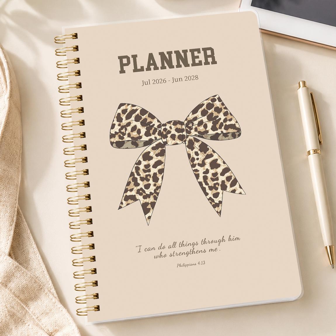 A5 Size Planner Notebook, Spiral Binding, Spiral Bound Planner, Leopard Print Bow Cover, Calendar & Memo Management, Ideal for Study Office Daily Planning
