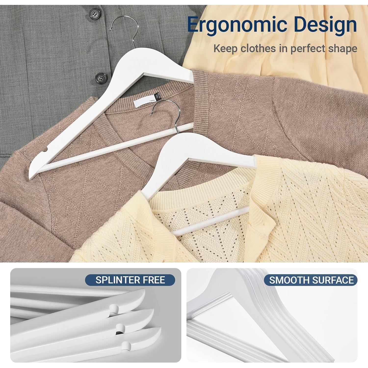 20 Pack White Wooden Coat Hangers, White  Suit Hangers with Non-Slip Pant Bar, Clothes Hangers for Closet Organization, Shirts, Jackets, Dresses, and Pants (White, 20)