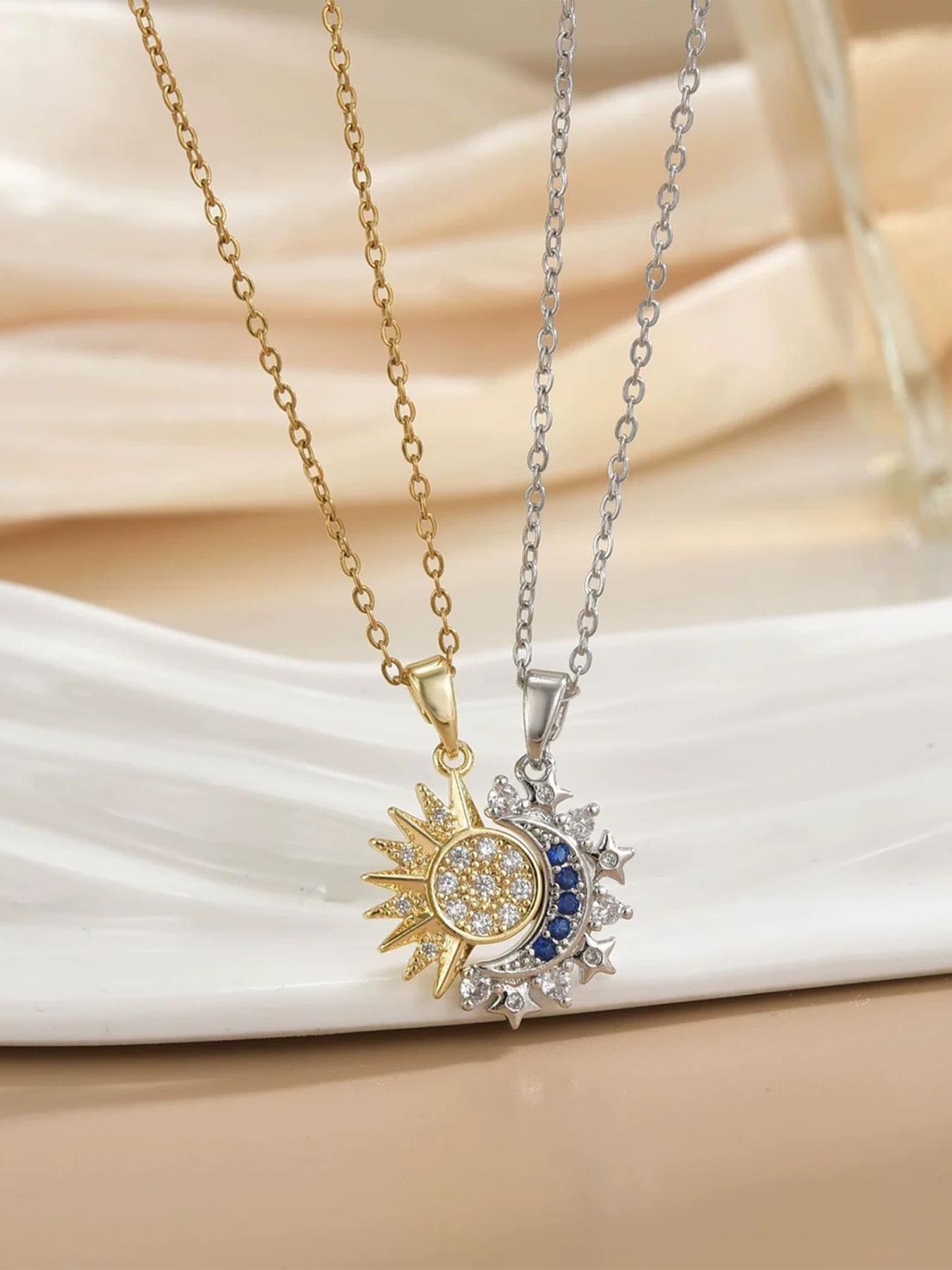 Couple Necklace European Style Trendy Creative Stackable Sun Moon Pendant, Vintage Two-In-One Affordable Jewelry for Lovers and Friends
