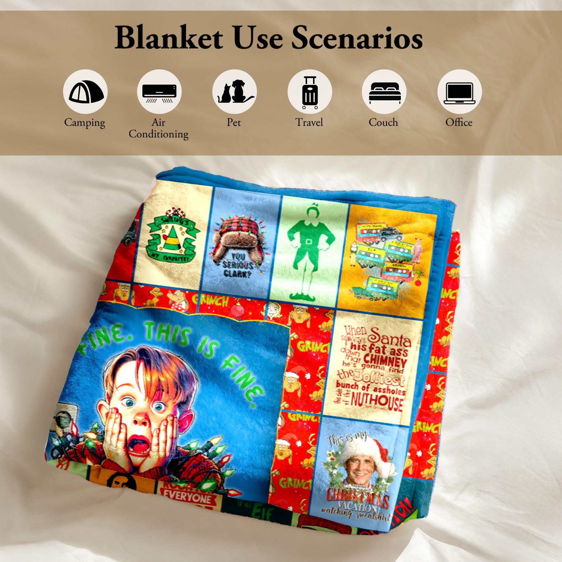 Classic Christmas Movies Collage Flannel Blanket, Home Alone, Christmas Vacation, Grinch & Elf Funny Quote Throw, Vintage Holiday Gift, Woven Throw Blanket