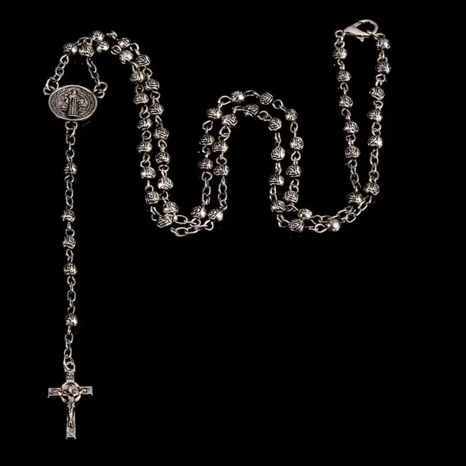 4mm Stainless Steel Bead Necklace, Vintage Gold Rosary Small Necklace, Female Necklace Jesus Cross Necklace.