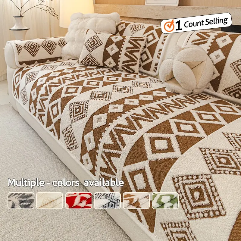 1pc Sofa Cover with Bohemian Jacquard Sofa Mat, Ethnic Diamond Pattern Sofa Cover Carpet, Four Seasons Universal Sofa Cover, Non slip, Wear resistant, Washable, Pet friendly Furniture Protective Cover, Living Room, Bedroom, Office Home Decoration