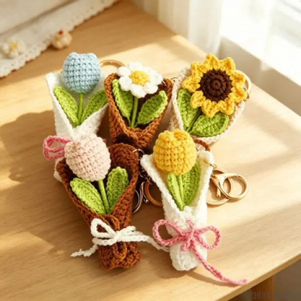 New Hand Crochet Flower Bouquet Keychain, Handmade Yarn Knit Floral Bag Charm, Cute Finished DIY Craft Flower Pendant
