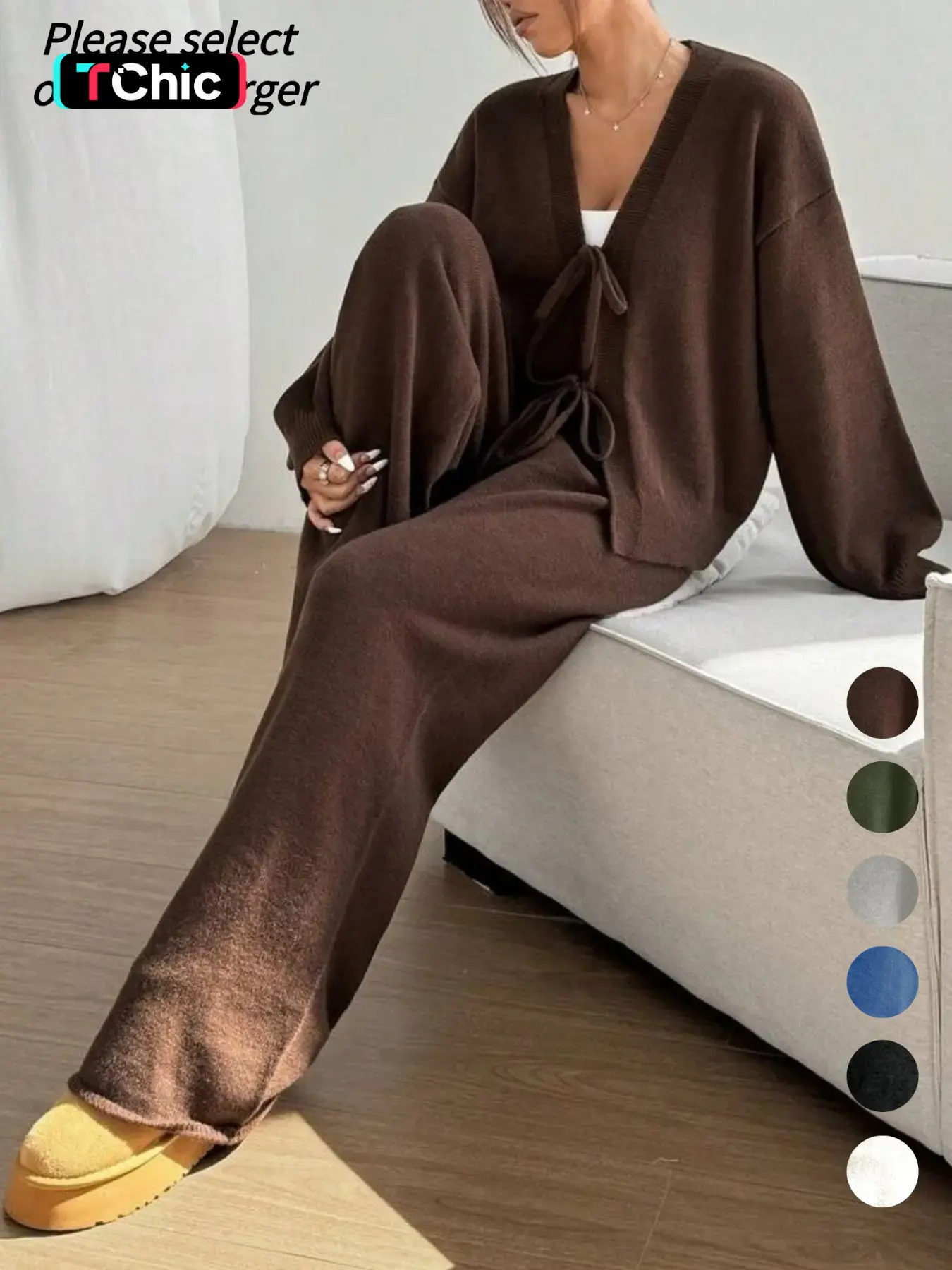 Women's 2 Pcs Tie Front Cardigan Sweater Set, Solid Long Sleeve V Neck Cardigan Sweater & Pants Two-piece Set, Casual Fashion Cozy Knitwear Set for Daily Outdoor Wear, Women Knitwear for Fall & Winter, Women Fall Loungewear set, Outfit