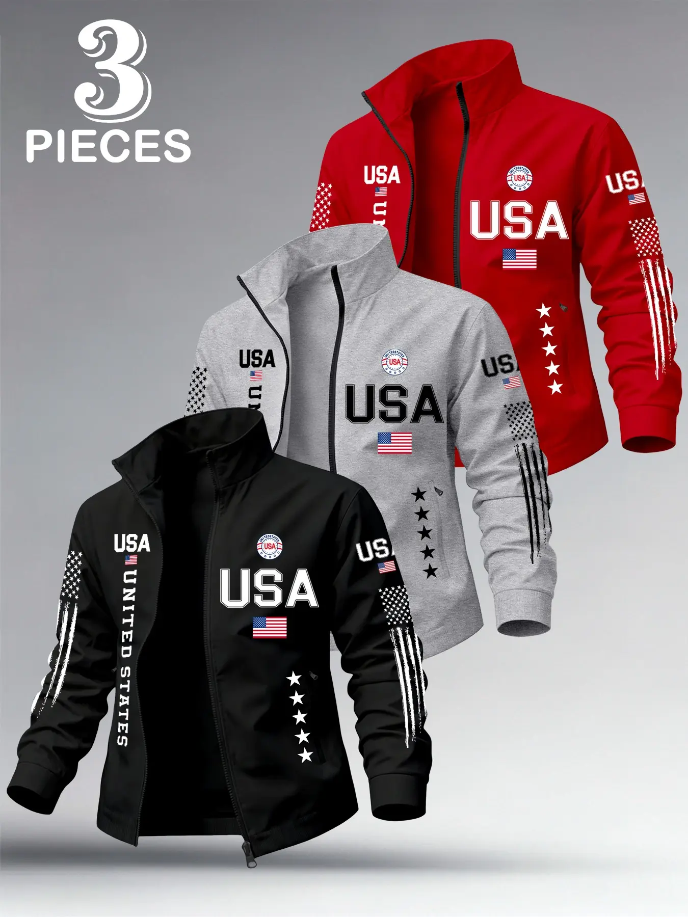 【Black Friday】1/3-Piece Men's USA Flag Print Lightweight Jacket, Sporty Long Sleeve Zipper Front Jacket for Daily Wear, Casual Comfortable Outerwear for Spring & Fall