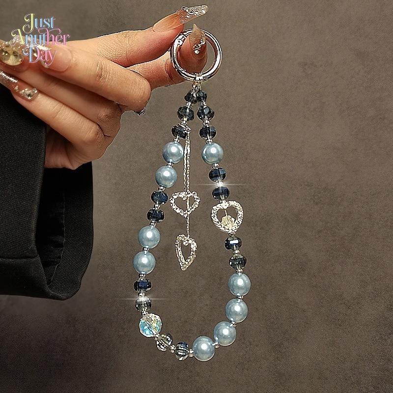 Luxury Crystal Pearl PVC Beaded Phone Lanyard - Rhinestone Heart Wrist Strap, Romantic Glamorous Ethnic Plain Unisex Key Bag Charm Fashion Accessory (Tie Dye, Peppy), Heart Charm, Baroque