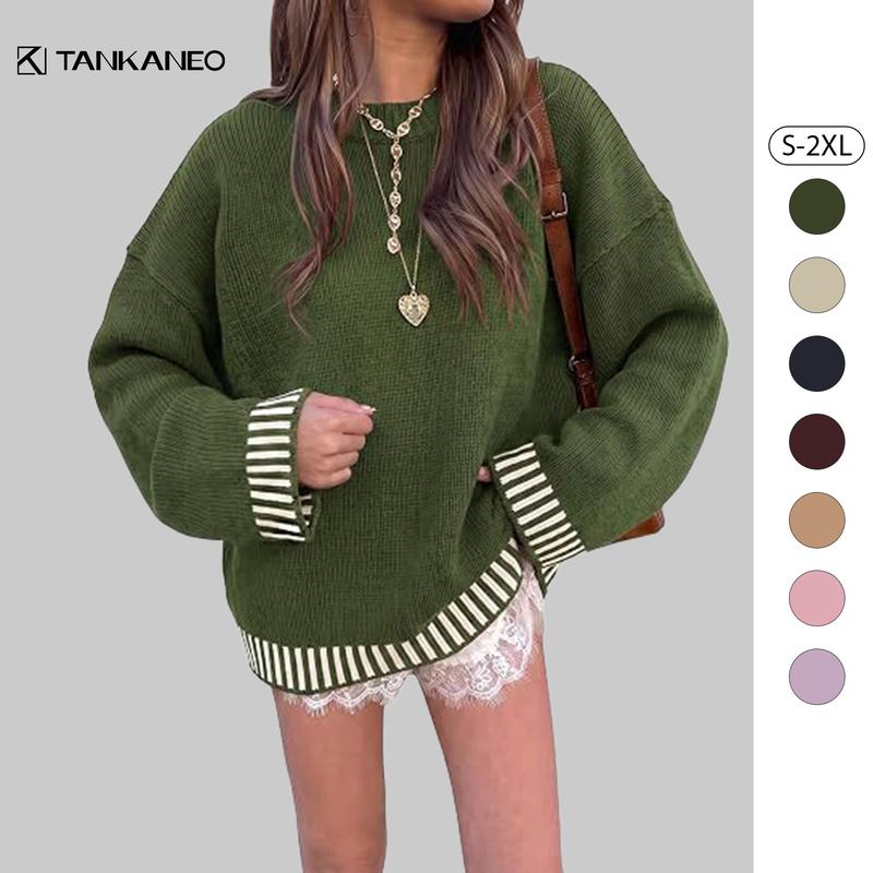 Tankaneo Women's Oversized Chunky Knit Sweater - Crew Neck, Contrast Rib Trim Long-Sleeve Pullover Knitwear for Fall Winter Daily Wear (Styles: Women's Pullovers, Chunky Sweaters)