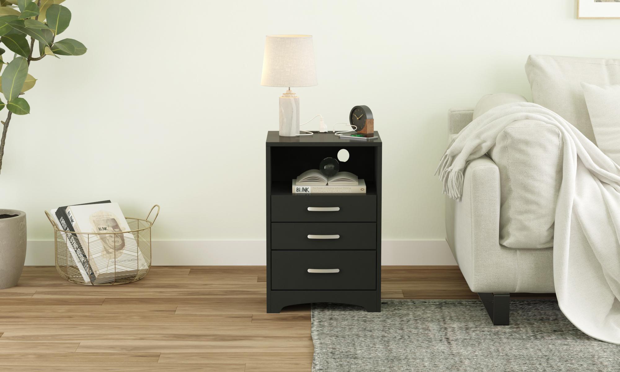Vabches 3 Drawers Black Nightstand with Charging Station, Side Table with Open Storage Bedside End Table Night Stand Storage Cabinet for Bedroom