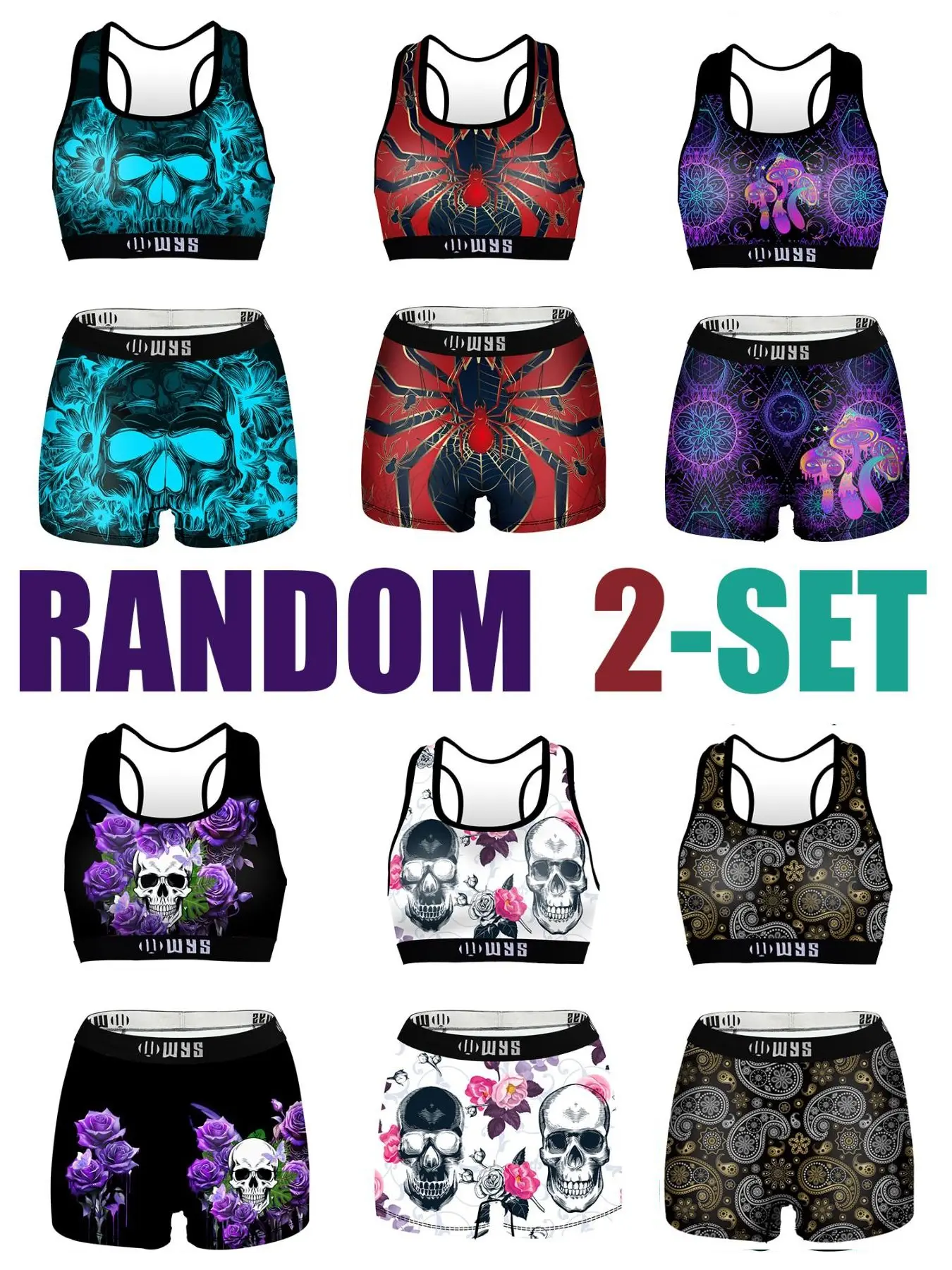 RANDOM  2-SET  Women's Sports Bra Set, High Waist Wireless Underwear, Halloween Skull Pattern, Breathable Quick-Dry, Gym Yoga Running Swim, Sporty Bra Set, Sportswear Set, Sports Clothes, All Season Activewear, Sportswear Clothing