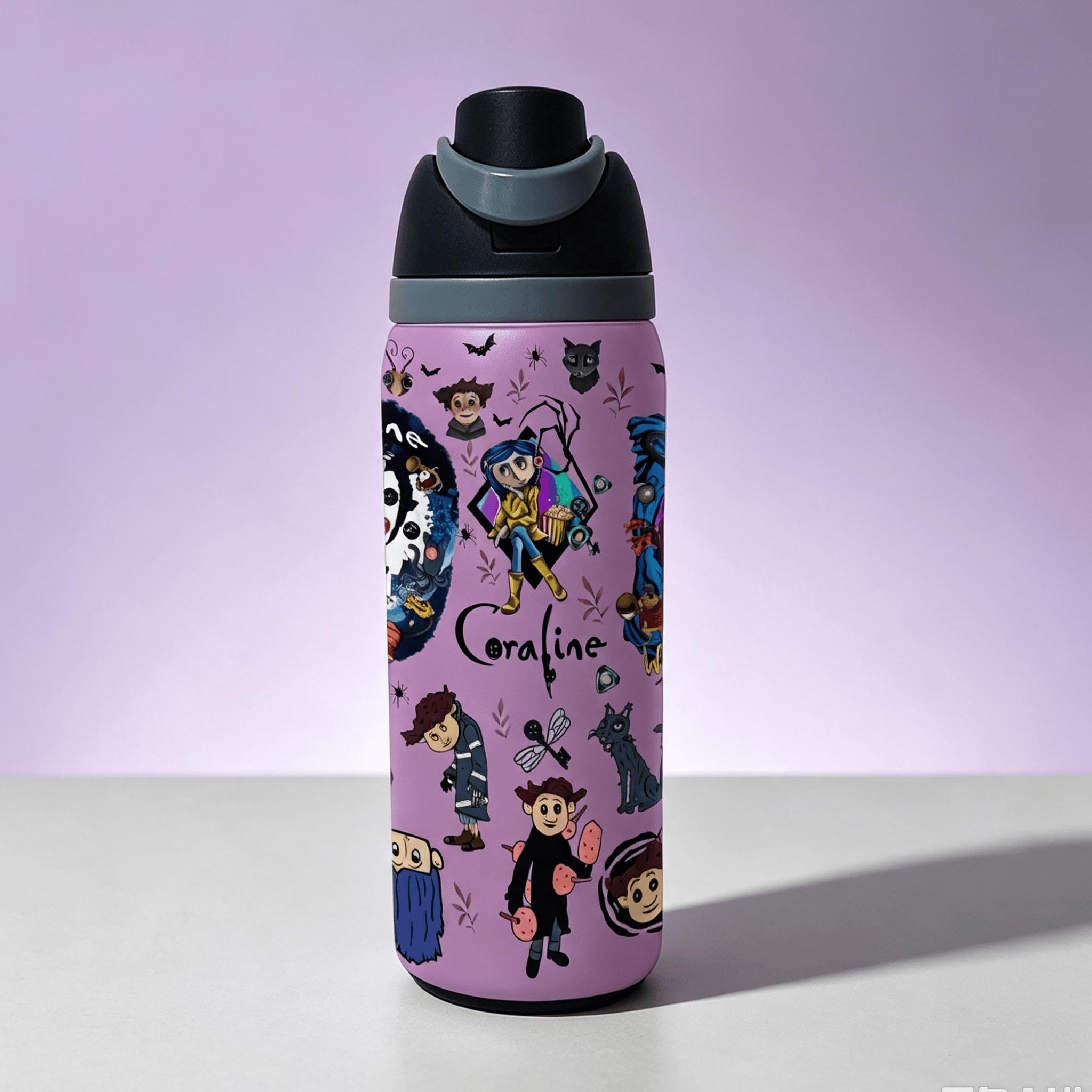 1pc 32oz Coraline Cartoon Insulated Water Bottle, Double‑Wall Stainless Steel Portable Travel Tumbler, Horror Animation Character Print, Flip Spout Lid, Leak‑Proof Reusable Cup, For Daily School Outdoor, Animation Fan Collectible Gift