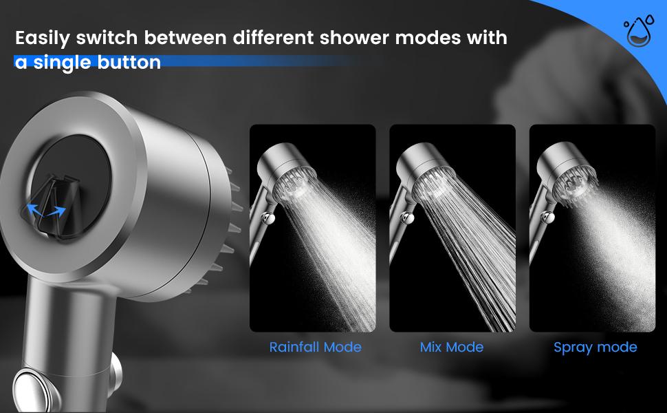 High Pressure shower  Head withHandheld,HighFlow Even with LowWater Pressure-Hand HeldShowerheadSet,3 Modes Filtered ShowerheadwithReplacement Hose/Bracket/CottonFilters,Detachable SprayMode,Gray,Springtok bathroom  shower equipment Waterfall Brush