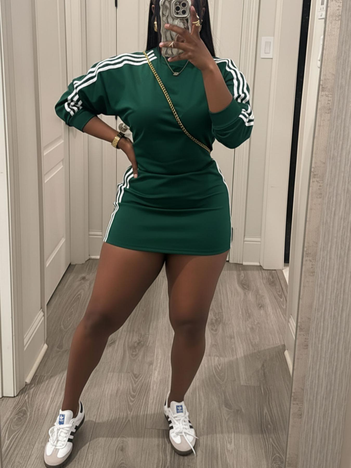 Women's Sporty Fitted Short Dress Set, Sportswear Set, Sportswear For Gym, Long Sleeve Slim Fit Casual Two-Piece, Trendy Comfortable Clothing for Everyday Wear