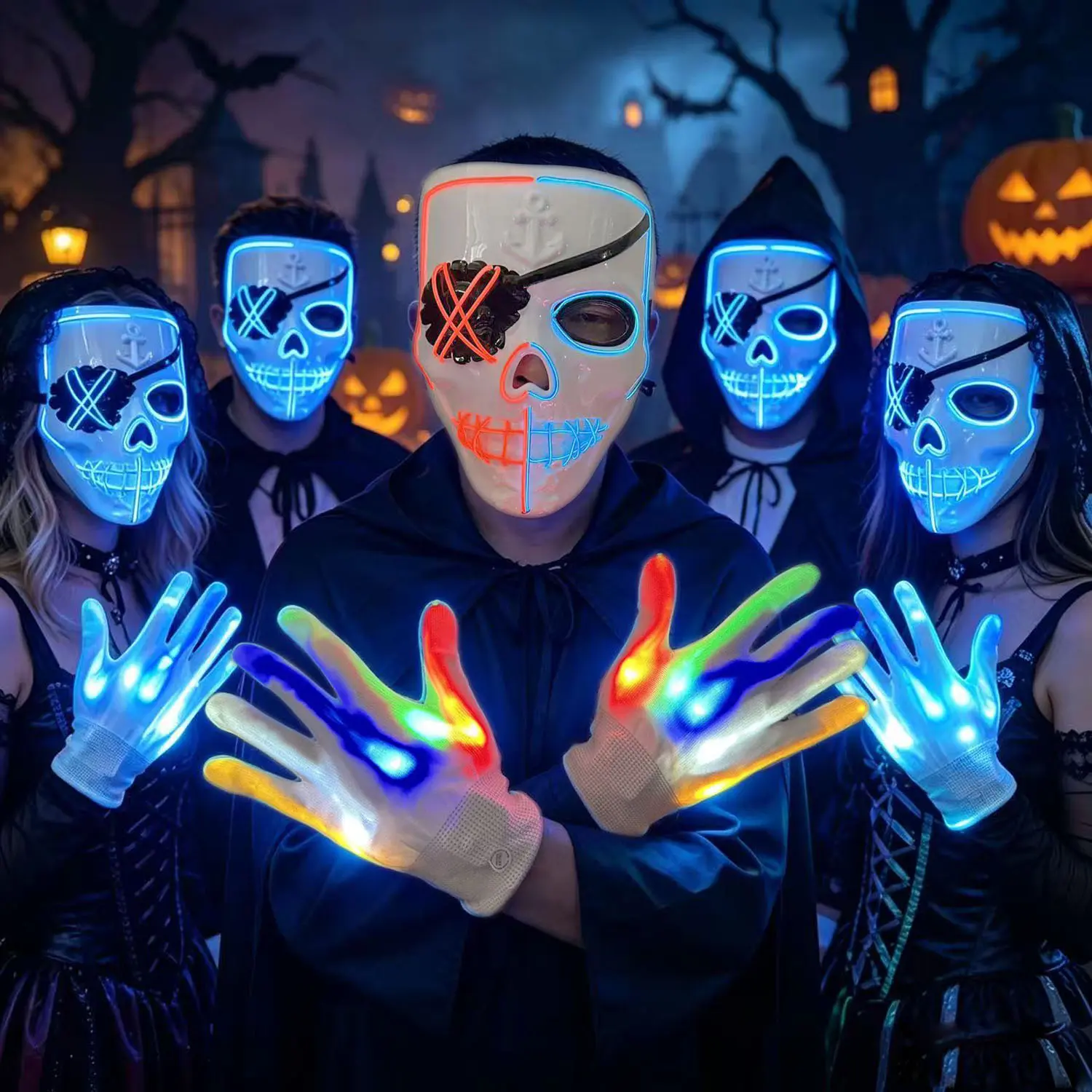 2026 Halloween Glowing Skeleton Mask + Gloves Set, Neon Blue Pirate Skull LED Mask with Lighted Hand Gloves, Cosplay Wear for Adults, Halloween Party Carnival Masquerade Accessories, Requires 2 AA Batteries (Batteries Excluded), Blue Halloween Glowing Ske