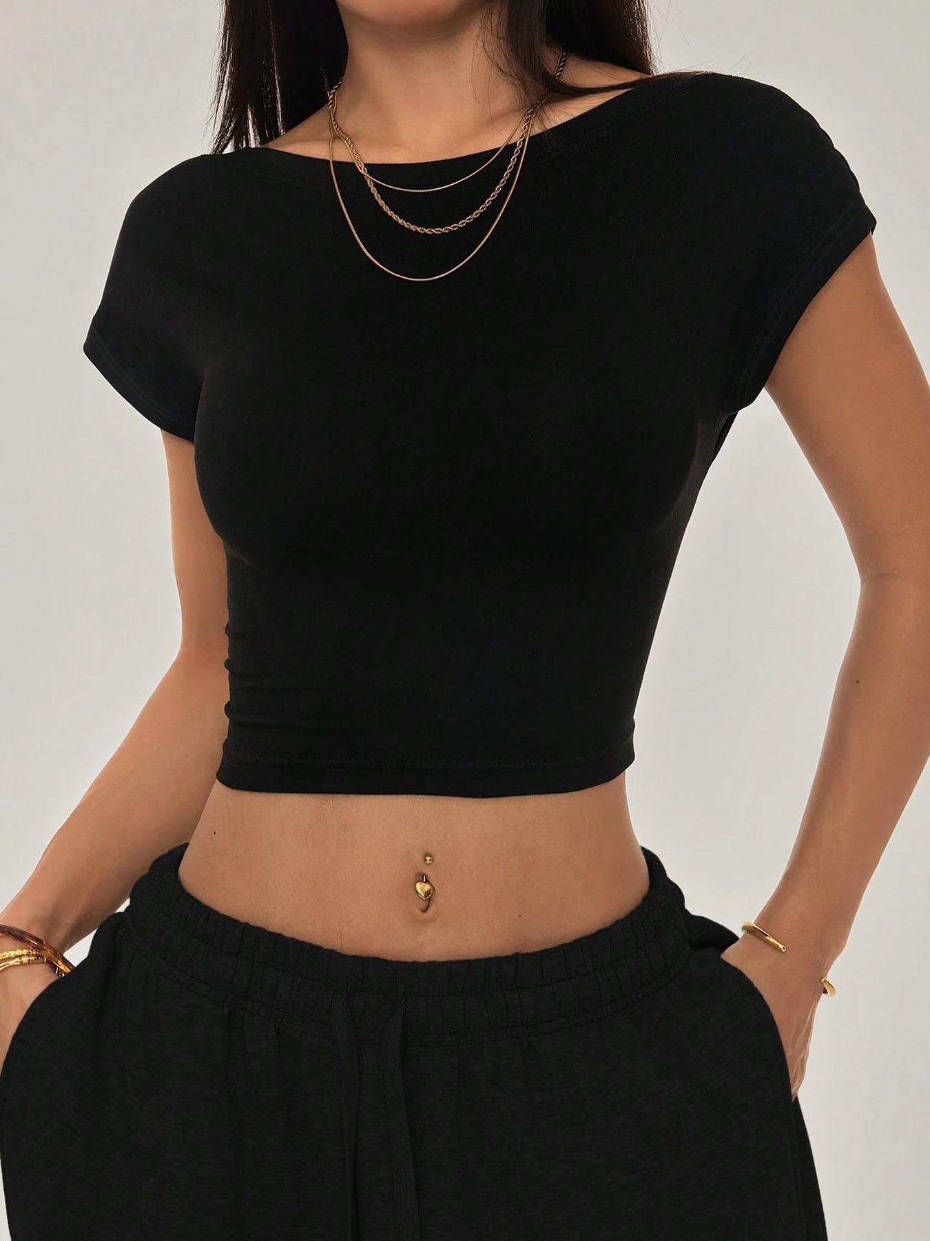 Women's Boat Neck Open Back Crop T-Shirt, Solid Color Slim Fit Short Sleeve Summer Top, Y2K Streetwear, Suitable for Daily Wear, Casual Party & Going Out