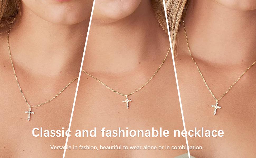14K Gold Plated Zirconia Silver Cross Faith Pendant Necklace for Women with 925 Silver