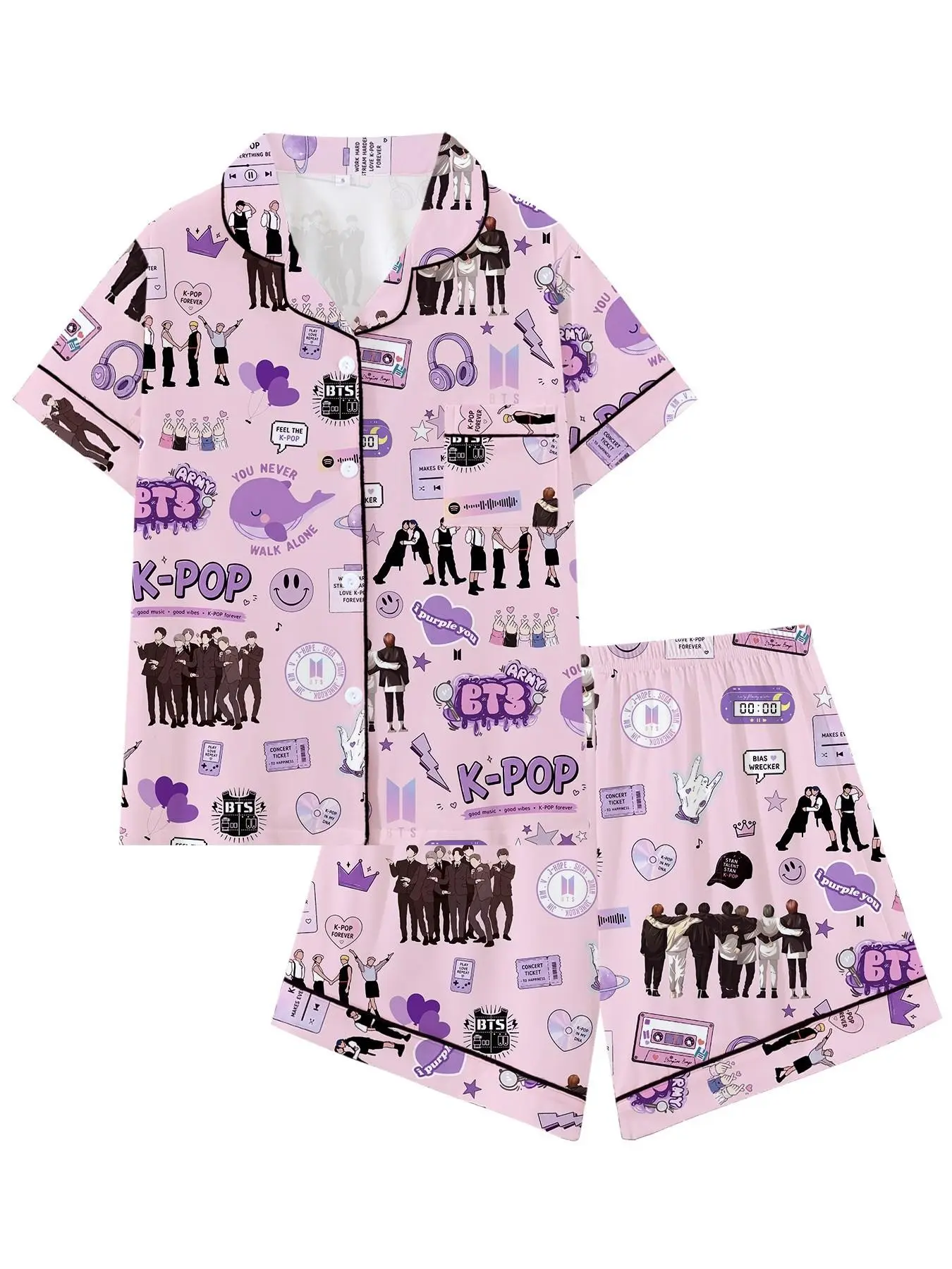 Idol Group Sticker Whale Heart Magnet Tape Pajama Set, Short Sleeve Sleepwear, Fitted, Party Style, Home & Outdoor Wear