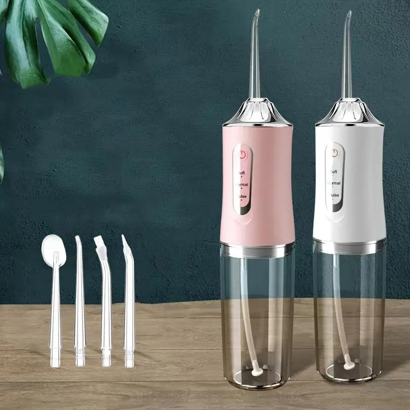 Portable Oral Irrigator USB Rechargeable Water Flosser Toothbrush, Teeth Cleaner, Four Nozzle Heads, 220ML Capacity, Three Modes, New Condition