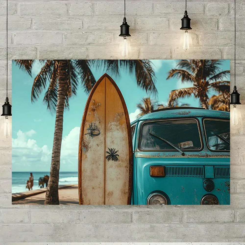 1pc Vintage Surfboard Wrapped Canvas Art, Blue Beach Theme Pine Wood Wall Decor, Multi-Size Living Room Decorations, Room Decoration for Bedroom Studio Hallway