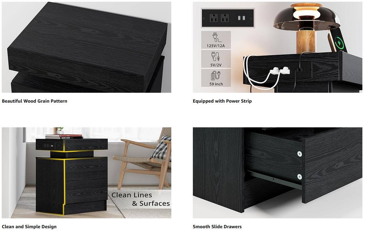 LIKIMIO Night Stand with Charging Station, Modern Nightstand with LED Light and 2 Drawers, Bedside Tables/End Table for Bedroom