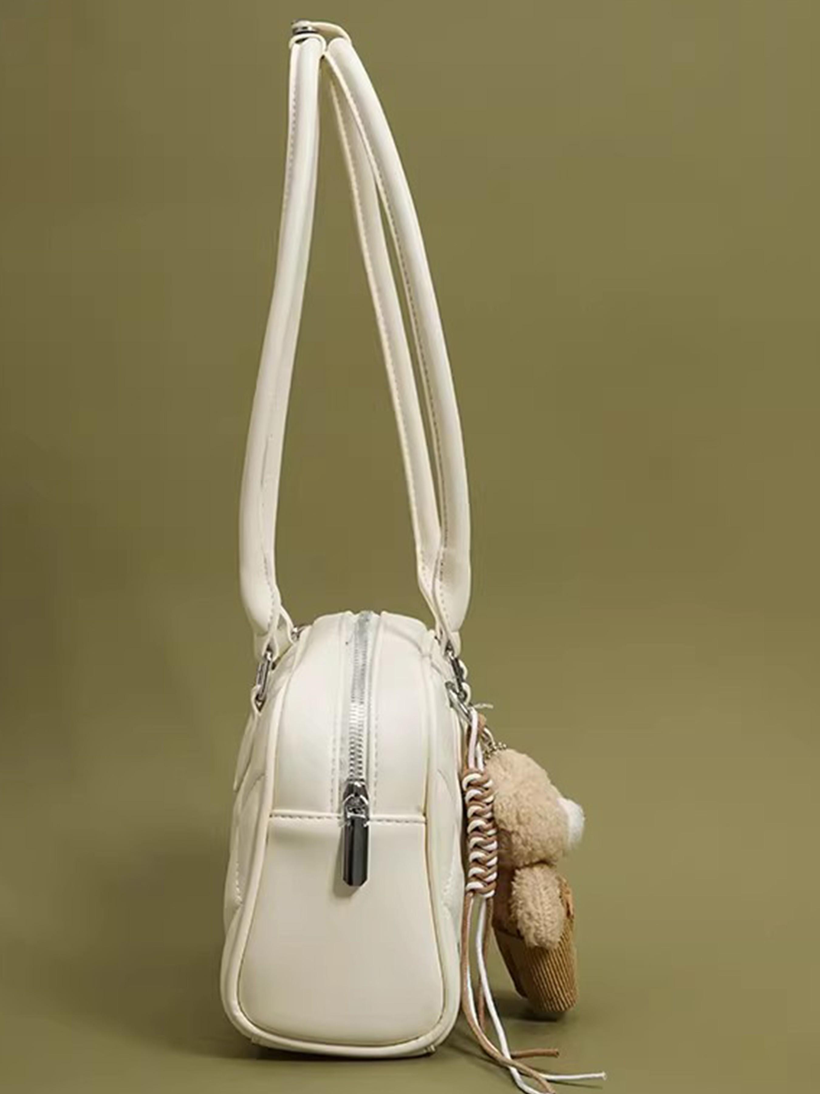 Single-shoulder bag: Cute bowling bag; Japanese sweet style artificial leather women's shoulder bag; designer custom diamond-patterned handbag; trendy retro tote bag; elegant and small daily purse; School-style commuting and date single-shoulder bag