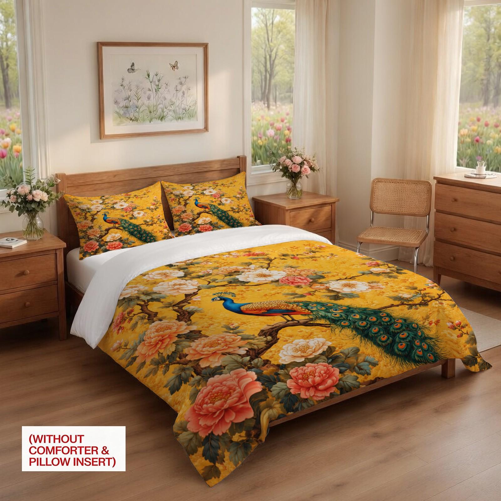Peacock & Peony Duvet Cover Set, 2/3 Pieces (1 Duvet Cover + 1/2 Pillowcases, No Inserts Included), Vintage Oriental Floral Print, Soft & Breathable Bedding, Suitable for Adults' Bedroom Decor and Home Use for Chinese Style Lovers