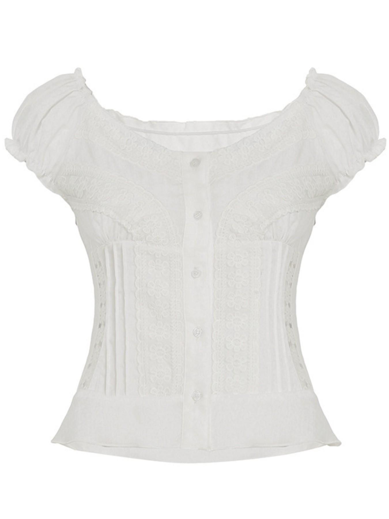 Women's Plain Contrast Lace Frill Trim Casual Button Front Blouse, Sweet Fashion Puff Sleeve Top for Summer, Women's Clothing for Daily Wear