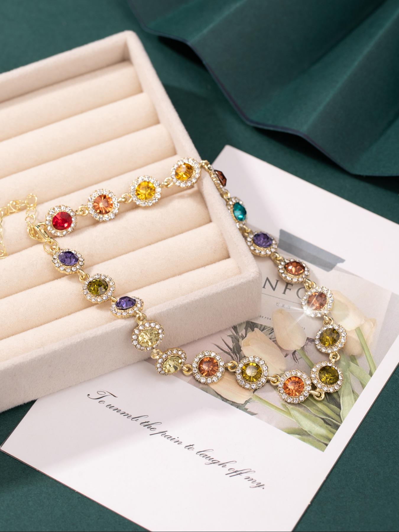 Bohemian Dopamine Colorful Rhinestone Artificial Crystal Necklace, Elegant Sparkling Jewelry for Women & Girls, Perfect Gift for Holidays & Birthdays