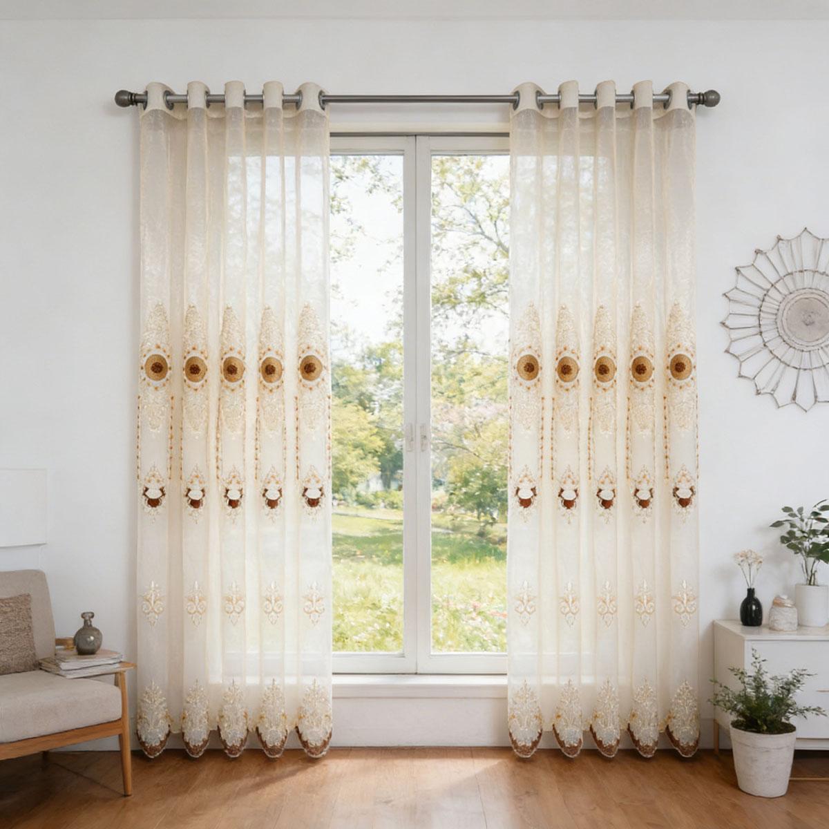 2pcs European Luxury Rice Gold Heavy Embroidered Sheer Curtain, Living Room Floor-To-Ceiling High Transparency Window Shade, Pierced Cream Style Balcony Curtain