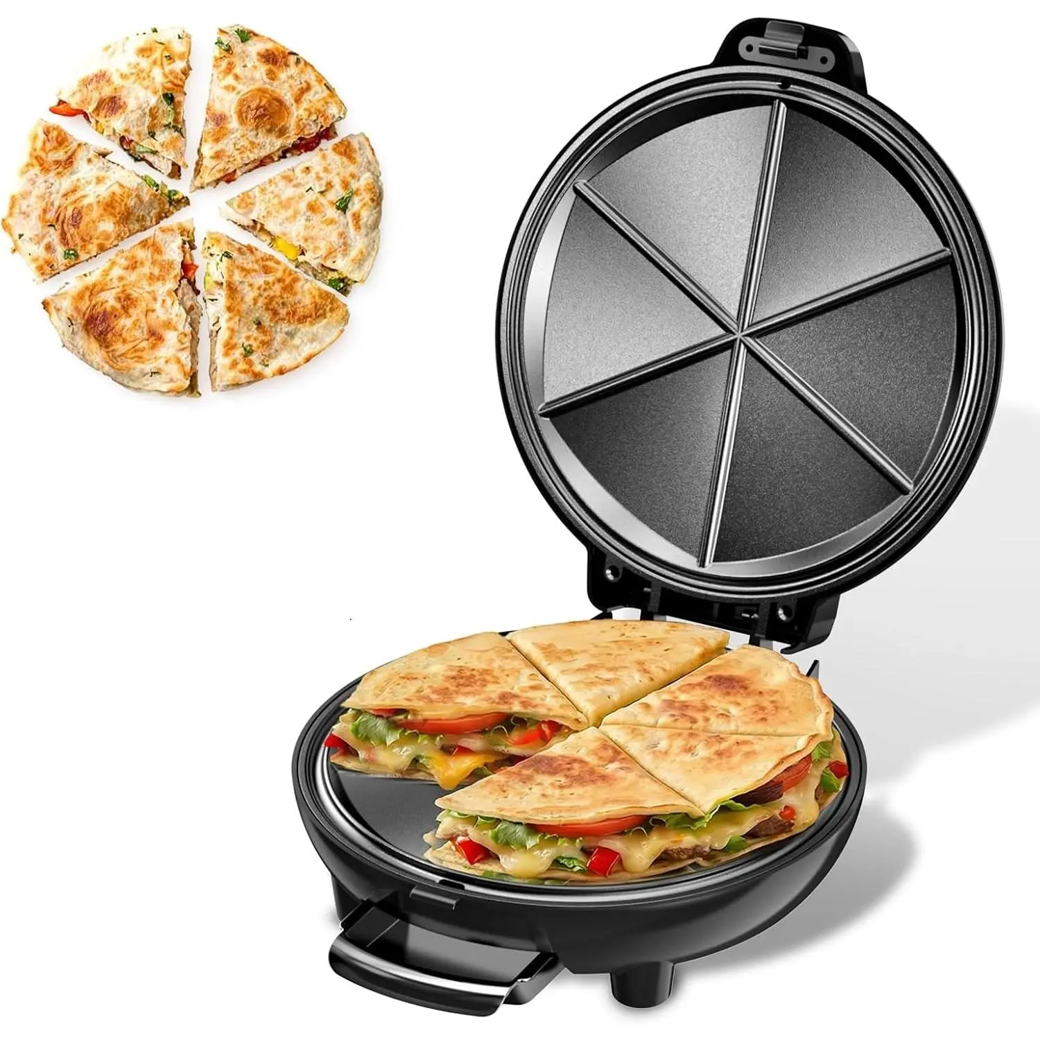 Electric Quesadilla Maker, 9.5'' Quesadilla Press with Easy Slice 6 Wedge, Non Stick Surface, Locking Latch For Extra Stuffing, Grilled Cheese Corn Flour Tortilla Snacks