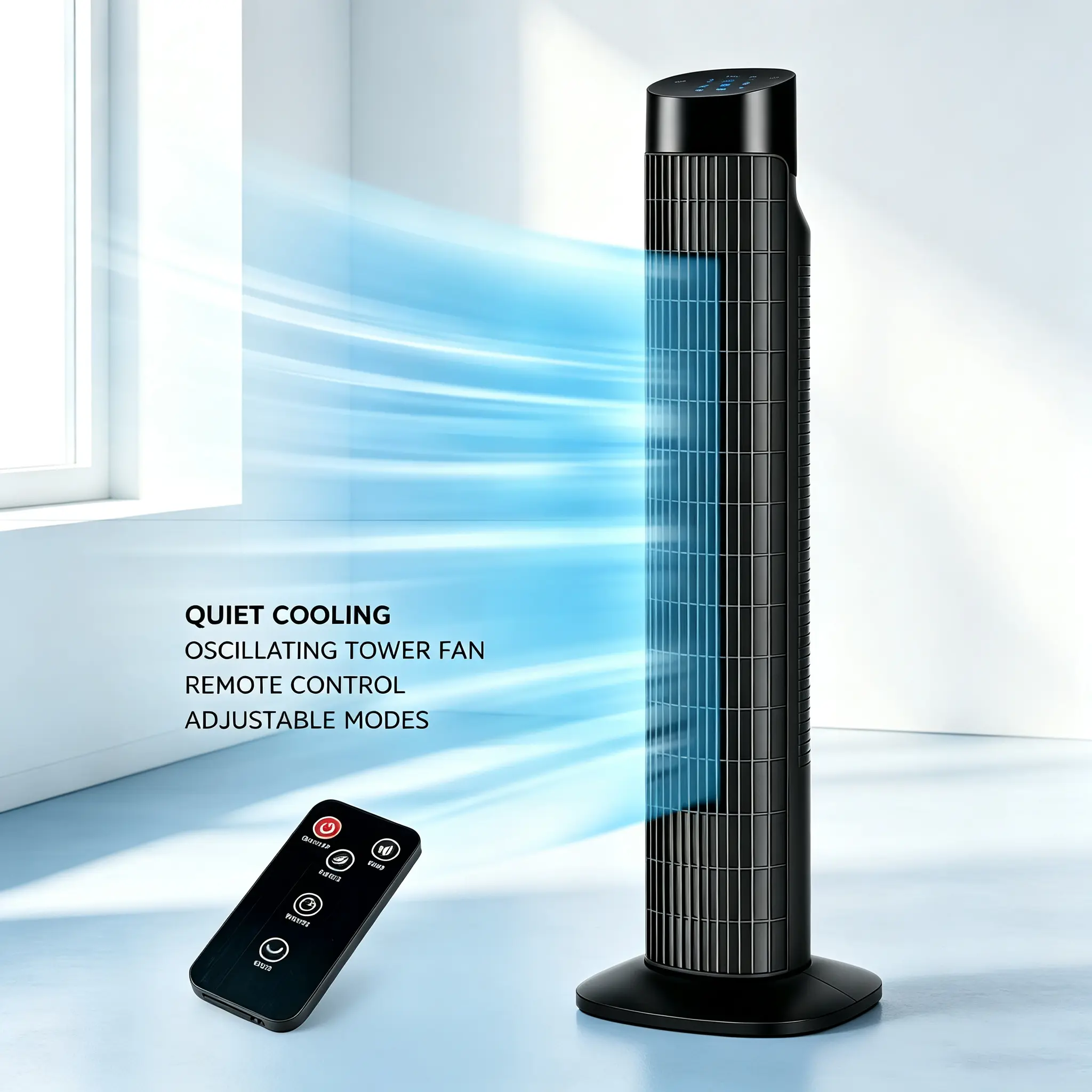 Tall Tower Standing Fan for Home, Freestanding Indoor Air Circulator with Rotating Air Outlet, Remote Control, Auto-Off Timer & Bedroom Ventilation Support