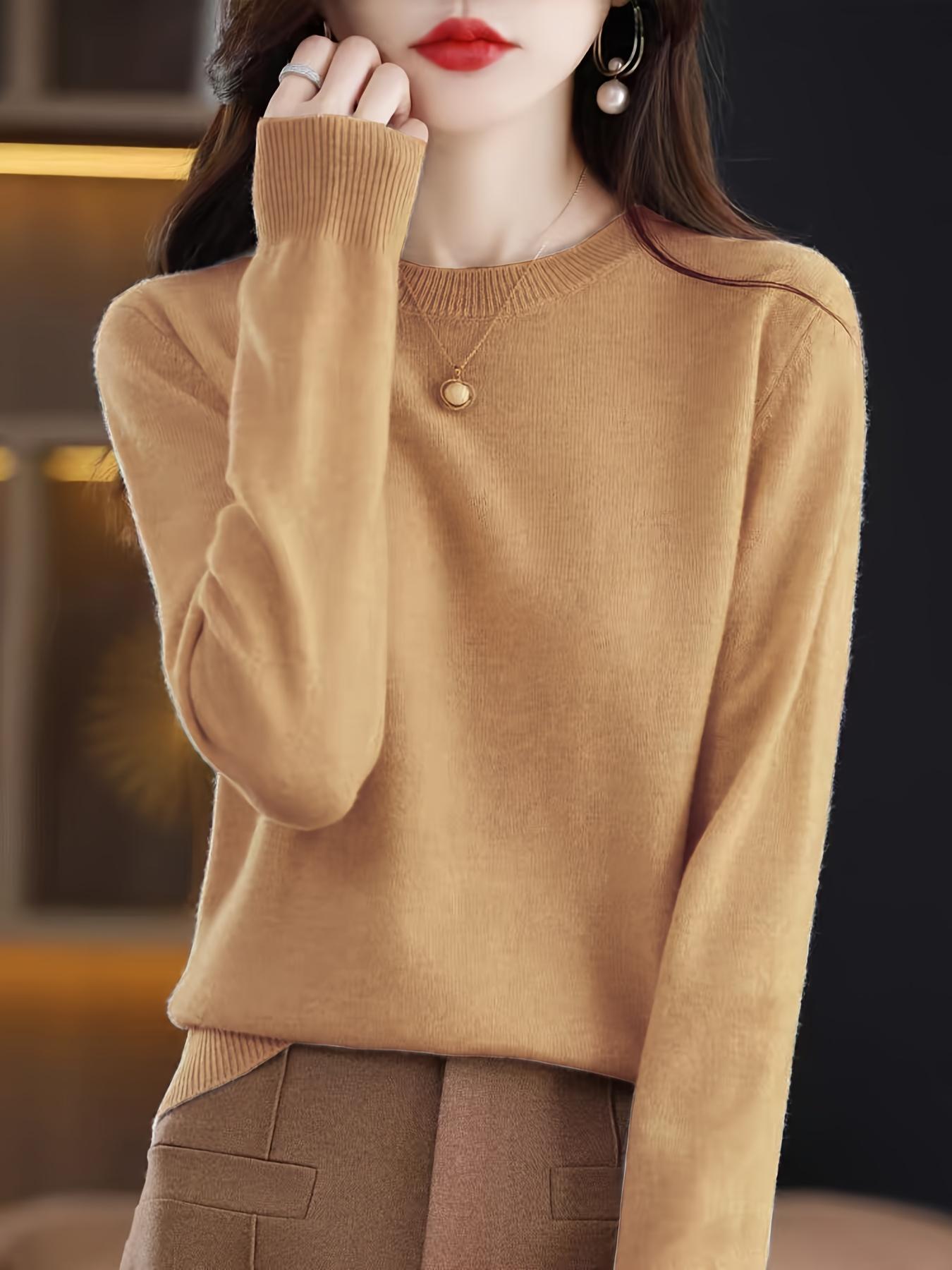 Women's Plain Round Neck Sweater, Casual Fit Long Sleeve Crew Neck Jumper for Fall & Winter, Fashion Ladies' Knitwear for Daily Wear