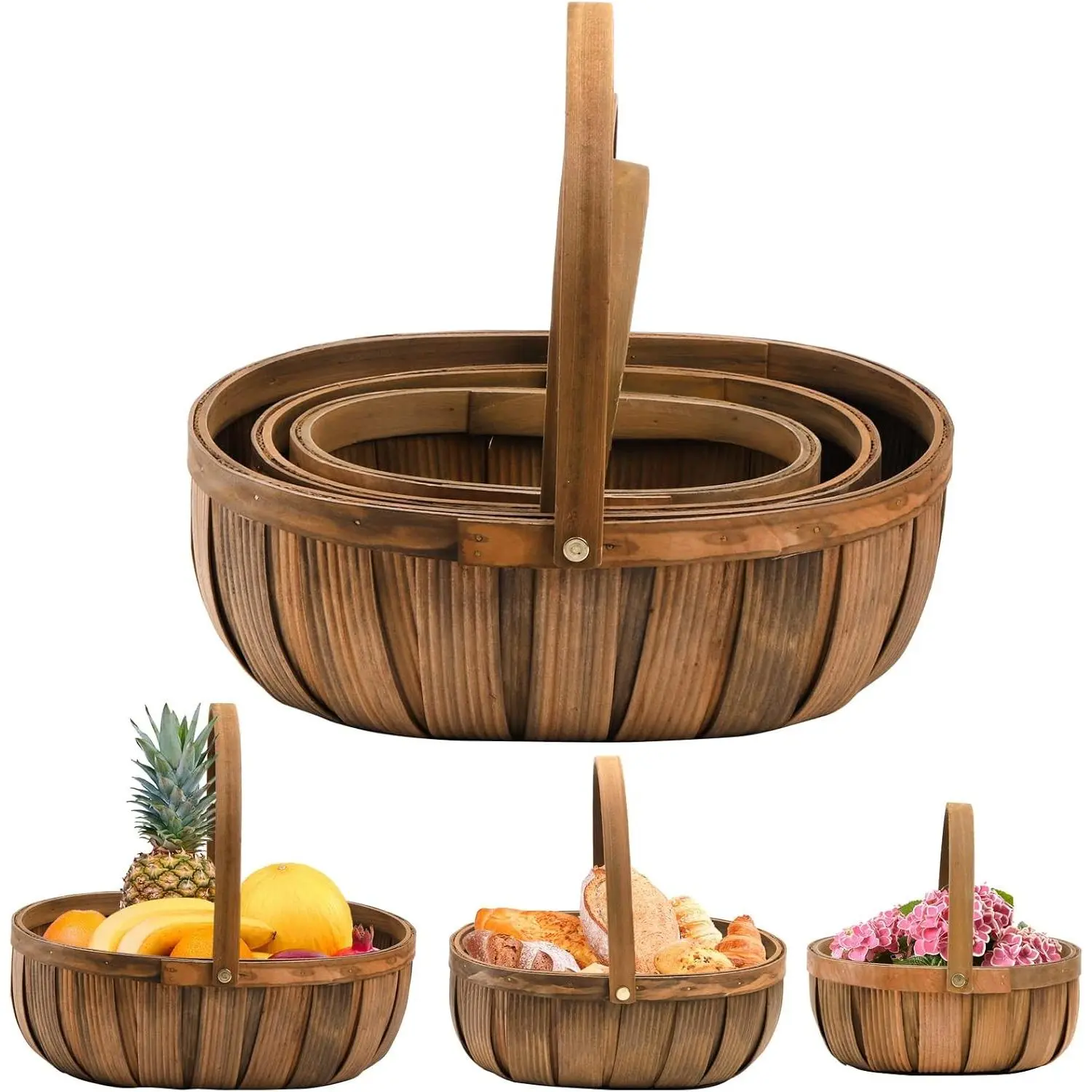 3 Pack Wooden Bread Baskets, Wood Chip Picnic Basket with Handles, Handmade Woven Fruits Vegetable Storage Serving Basket Holder, Woven Basket for Gift Packing, Flower Girl Baskets for Wedding