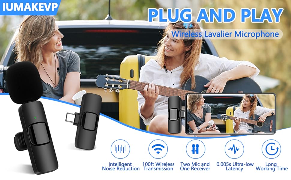 Wireless Microphone for iPhone/Android Phone/Laptop, Plug-Play Clip on Lapel Mic with Auto Noise Reduction for Video Recording, Live Broadcast, Interview, TikTok, YouTube (2 Mics) Wireless Microphone for iPhone/Android Phone/Laptop, Plug-Play Clip on Lapel Mic with Auto Noise Reduction for Video Recording, Live Broadcast, Interview, TikTok, YouTube (2 Mics)