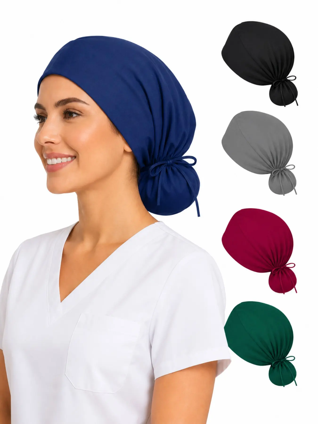 Ponytail Scrub Cap for Women, Adjustable Drawstring Surgical Cap, Solid Color Medical Work Hat for Nurses, Doctors, Dentists
