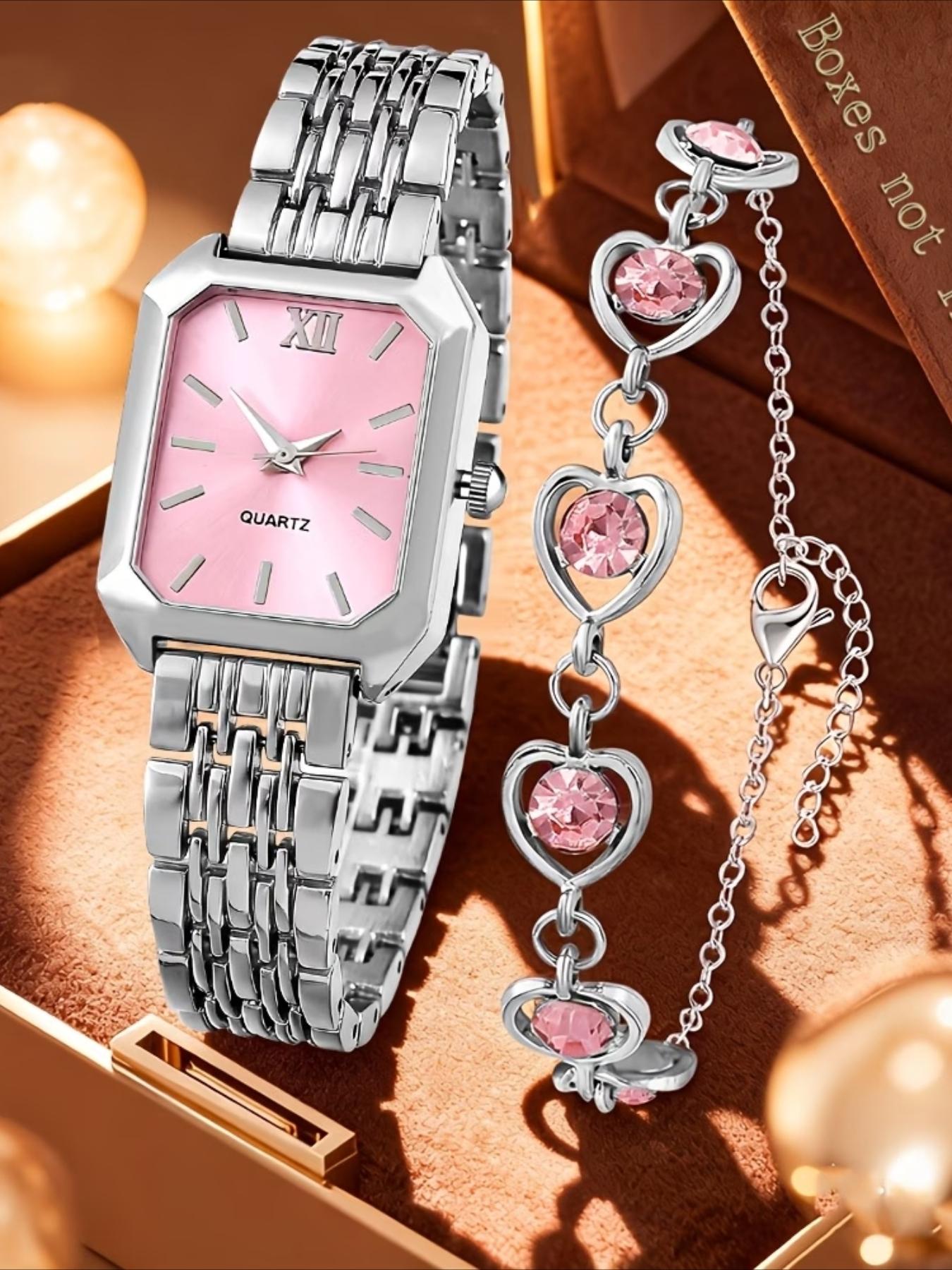 2-piece elegant ladies' watch gift set, fashionable, romantic, luxurious heart bracelet jewelry paired with palace style quartz watch, classic retro rectangular dial, comfortable alloy strap, perfect gift for family and friends
