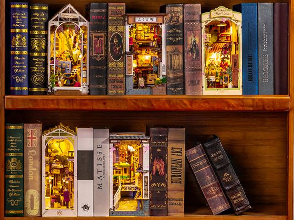 Rolife Book Nook Kit DIY Miniature House Kit for Adults 3D Wooden Puzzle Bookends Bookshelf Diorama Insert Dollhouse Creative Decorative Unique Gifts for Teens and Beginners (Sakura Wine Alley)