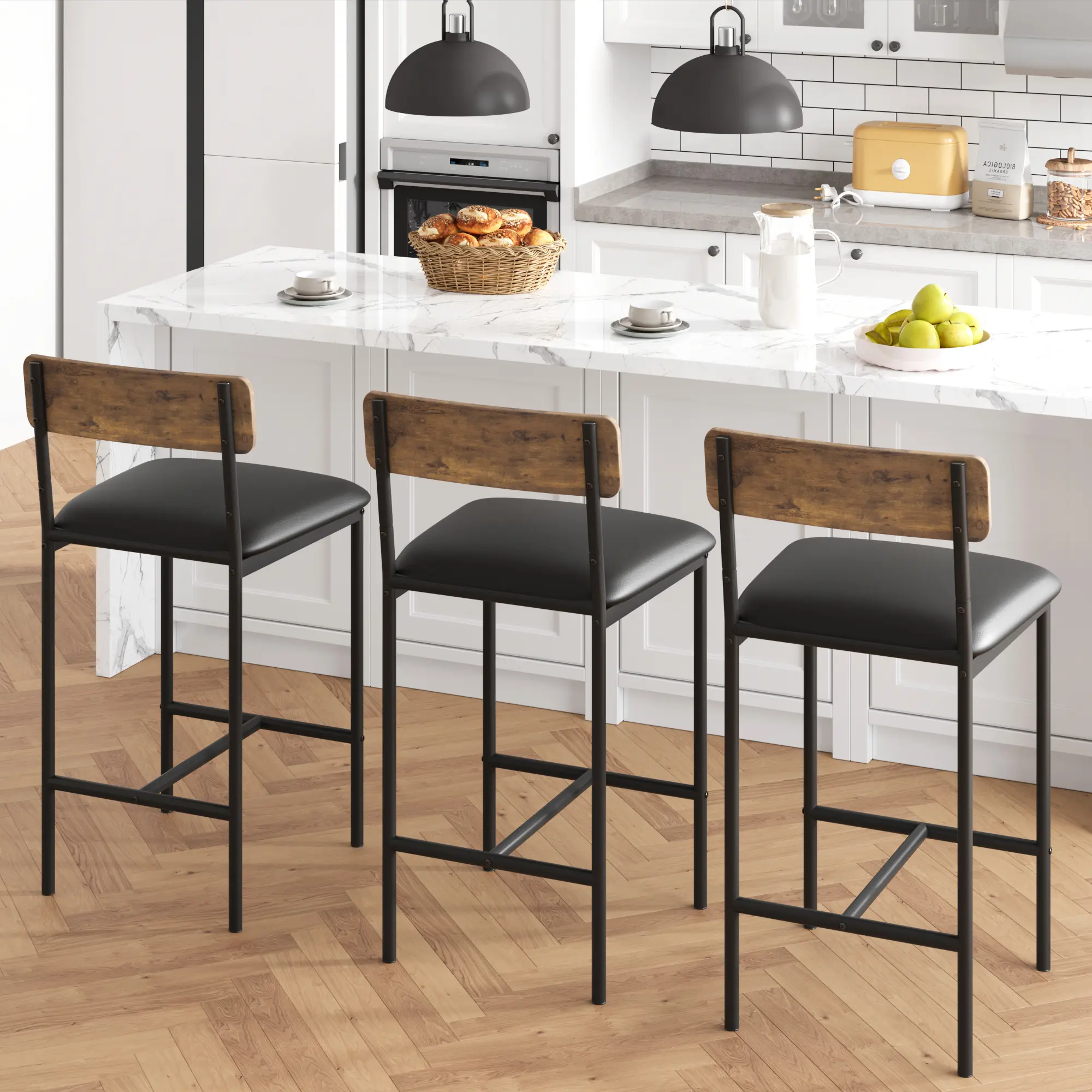 Rectangular Counter Height Bar Table Set for 2 - 3-Tier Storage Shelves, Padded Cushion Counter Height Stools, Space-Saving Indoor Dining Furniture for Small Spaces & Apartments