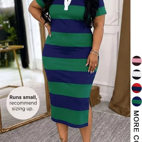 Plus Size Women's Striped Polo Neck Bodycon Dress, Casual Slim-Fit Short Sleeve Side Slit Midi Dress for Daily Wear Summer Slit Dress