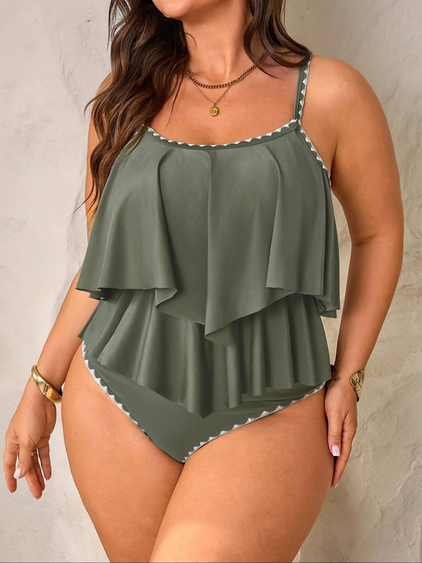 Women's Plus Size Fashion Elegant Slimming Backless Ruffle Two-Piece Tankini Swimsuits Set, Sexy Push Up Style Swimwear Set