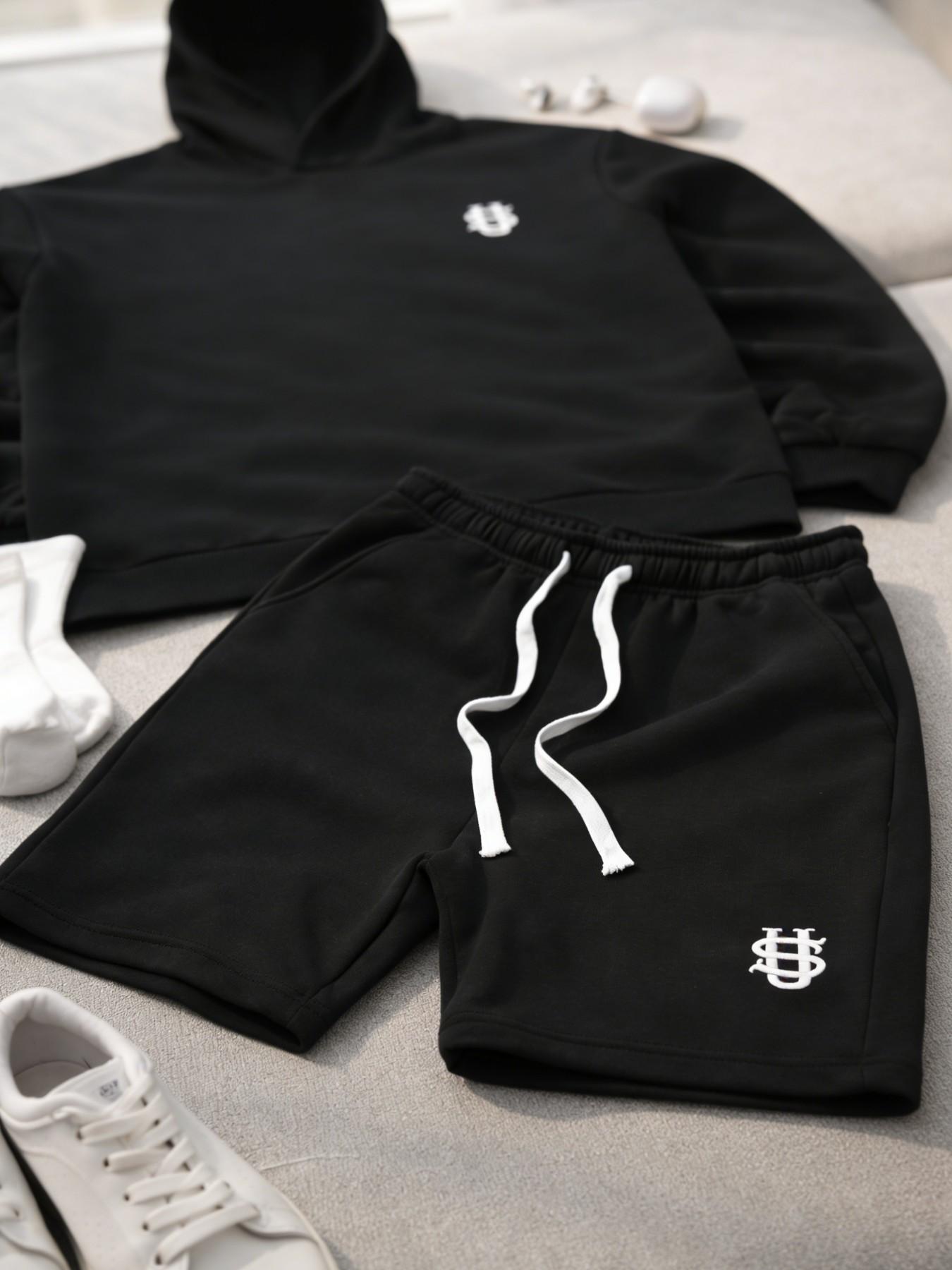 Men's High Street Long Sleeve Hoodie Set with Drawstring Shorts, Casual Lazy Style Two-Piece, Comfortable and Stylish Clothing Outfit Sets