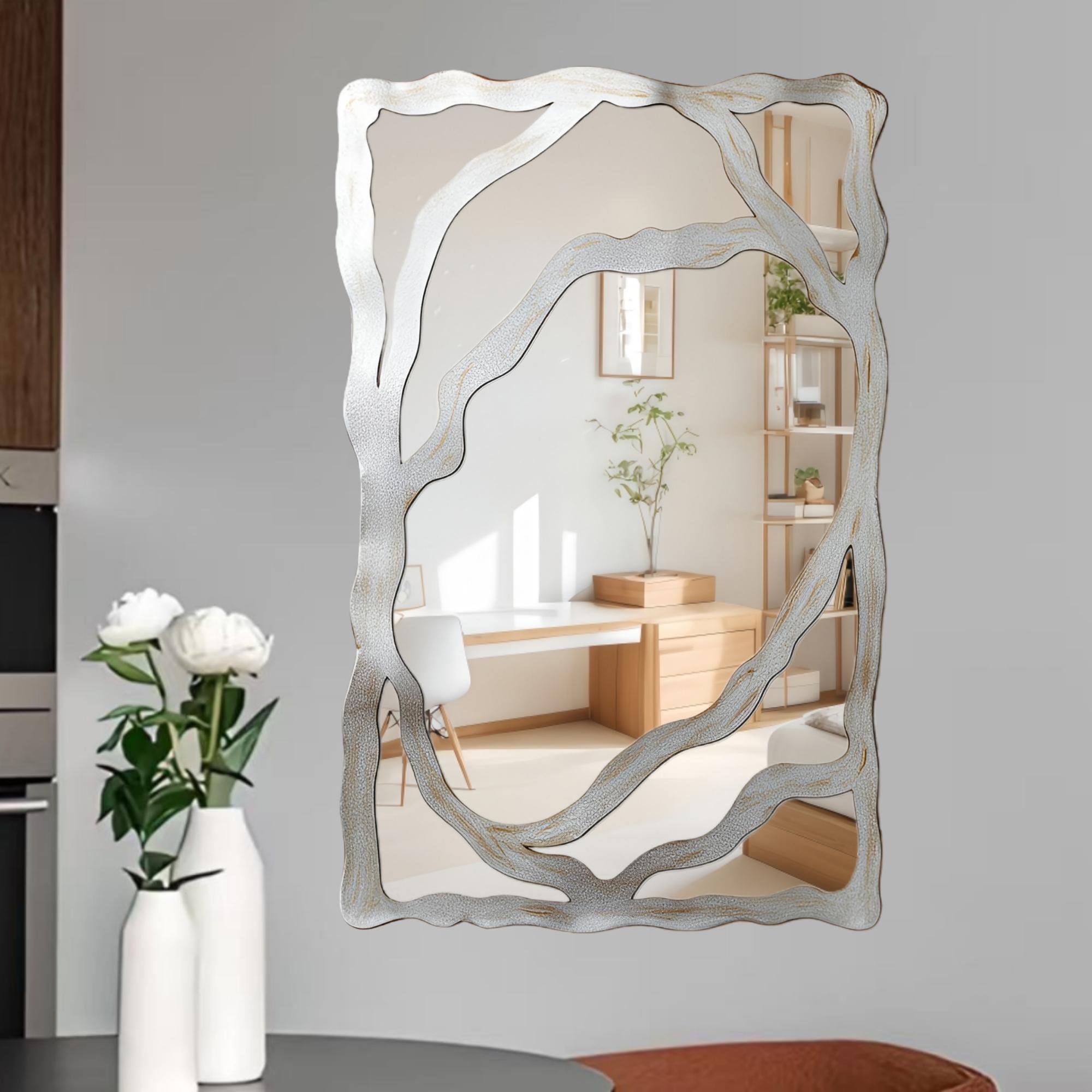 1pc, Modern classic silver rectangular shaped wall mirror decoration, made of acrylic material, non perforated self-adhesive wall mirror - irregular asymmetric shape, suitable for bedroom, foyer, bathroom, and home decoration, Home Decorative Mirror