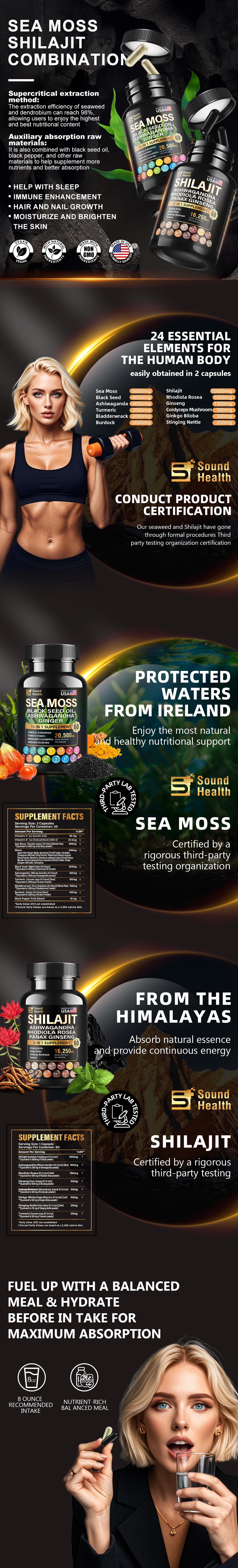 Sea Moss Wild Organic methylated prenatal vitamins 8000mg Sea Moss, 10000mg Shilajit, Ashwagandha 2000mg Black Seed Oil - 2 Bottles