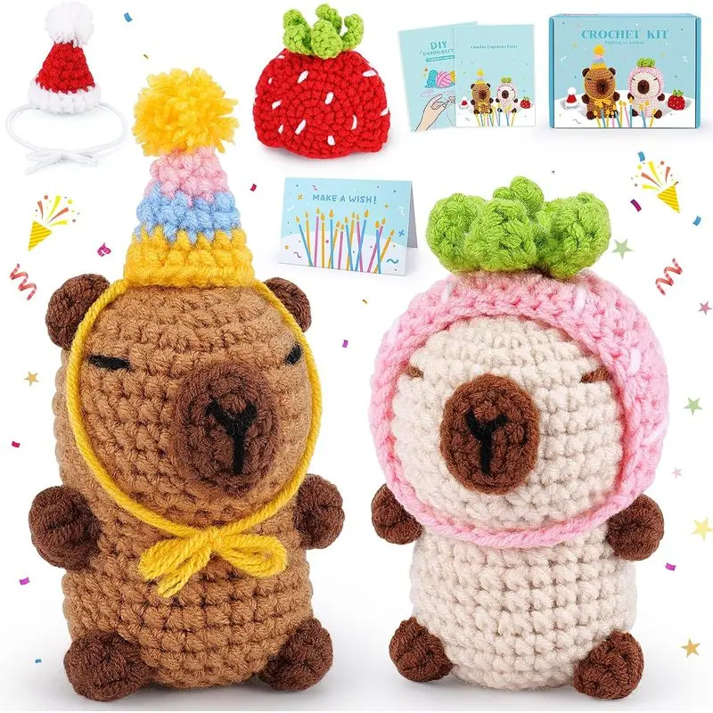 Unisex 2PCS Capybara Amigurumi Crochet Kit for Beginners - Step-by-Step Tutorial, Crocheted Yarn Supplies, Handmade Animal Gift (Home & Festive Party Use)