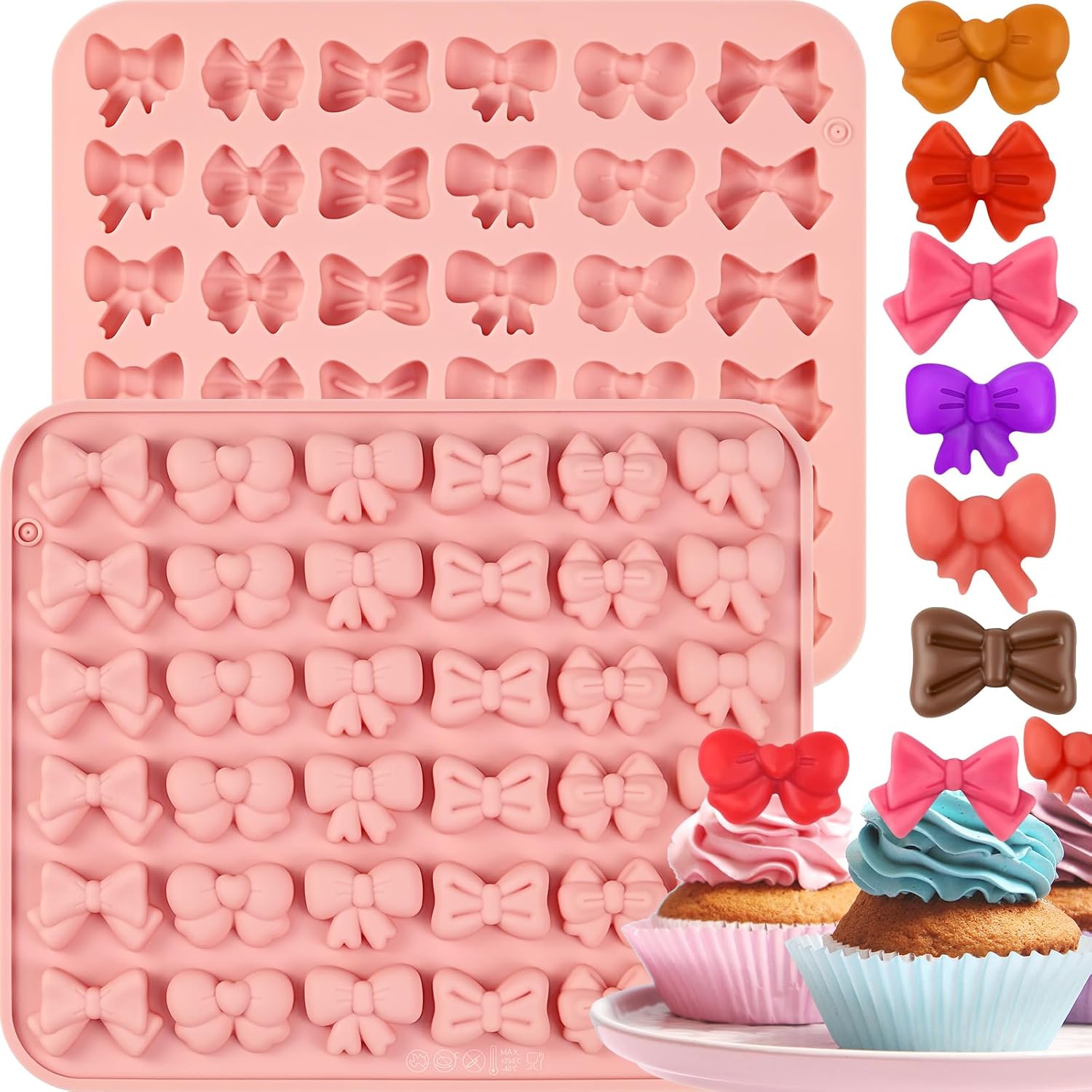 Chocolate Bow Molds, Silicone Bow Molds, 2-Pack Mini Silicone Ice Molds, Fondant Bow Molds, Suitable for Decorating Chocolates, Candies, Gummies, Sugars, Cookies, Cakes, and Cupcakes.