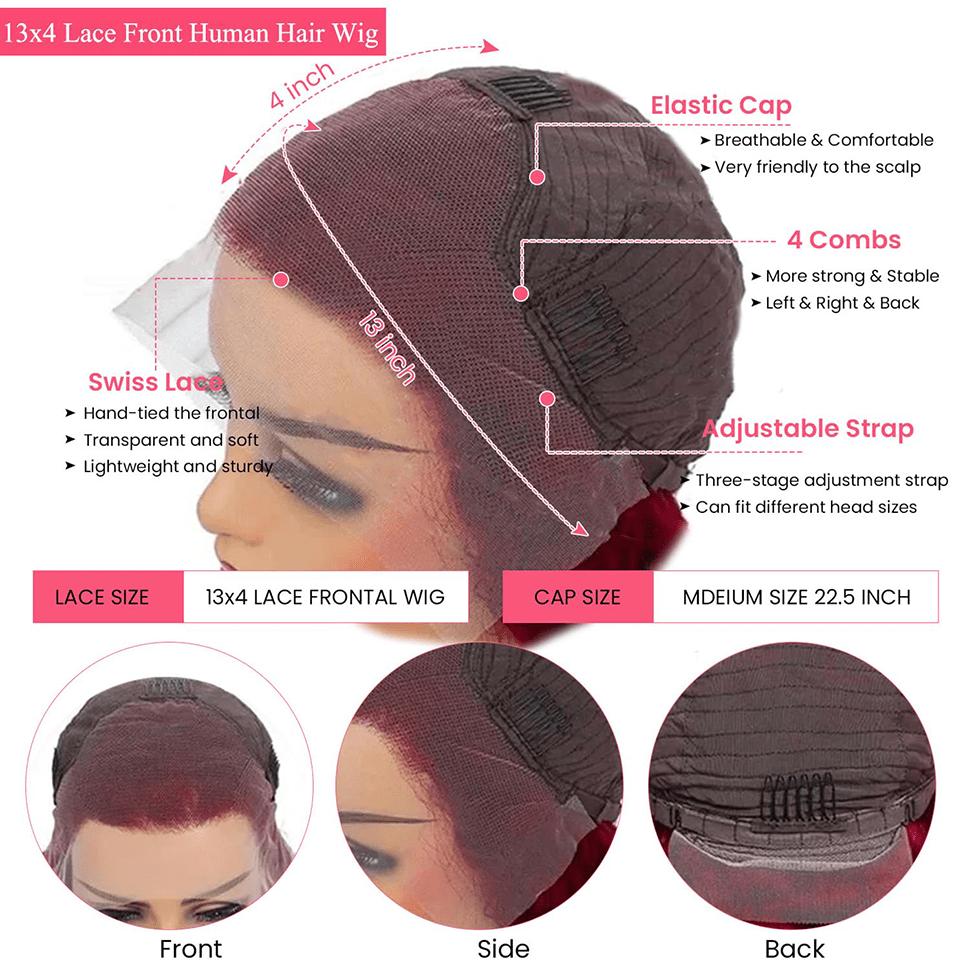 Burgundy Wig Human Hair 13x4 HD Transparent Lace Front Wig Straight 99J Red Wine Lace Frontal Wig Blended Hair Colored Reddish Brown Lace Frontal Wigs 200% Density Pre Plucked with Baby Hair