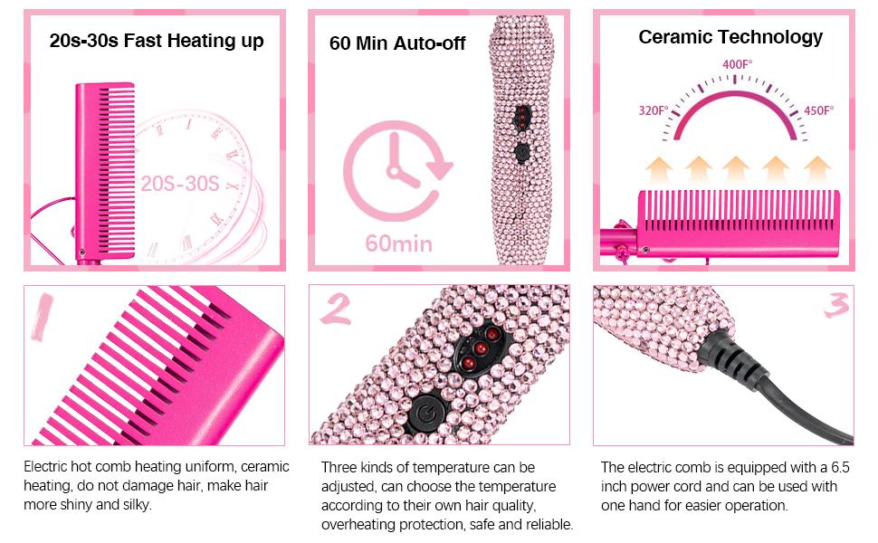 【Hot Comb Set Gift Box】18 Counts Diamond Hot Comb Set Adjustable Temperature Electric Hair Straightener Brush for Wigs Natural Black Hair Styling Gold Finish